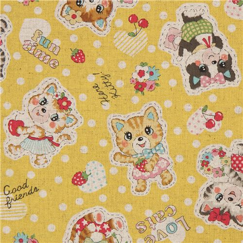 yellow Canvas fabric with cat animal dot Kokka Japan Fabric