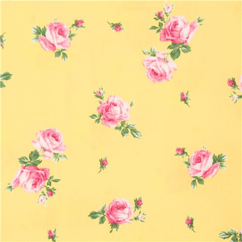 yellow Japanese floral fabric with tumbling roses Fabric