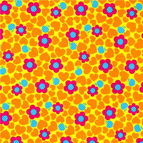 yellow Japanese flower fabric with apples hearts 2