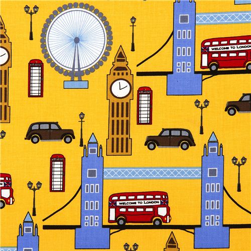 Tissu Robert Kaufman jaune avec Big Ben, Londres Tissu