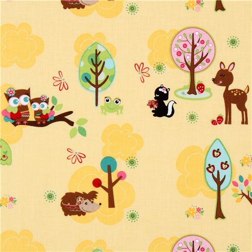 yellow Riley Blake fabric kawaii owl hedgehog deer 1