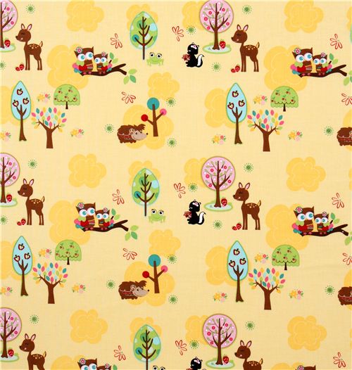 yellow Riley Blake fabric kawaii owl hedgehog deer 2