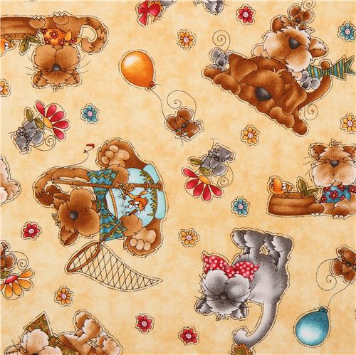 Tissu Kitty Kat Kapers jaune avec des chats et des matous Tissu