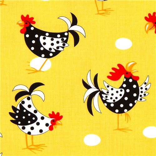 yellow fabric with chicken rooster egg Robert Kaufman 1