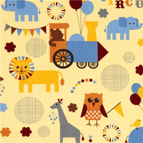 yellow fabric with circus animals locomotion Robert Kaufman 1