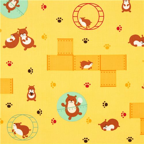 yellow fabric with funny hamsters by Robert Kaufman Fabric