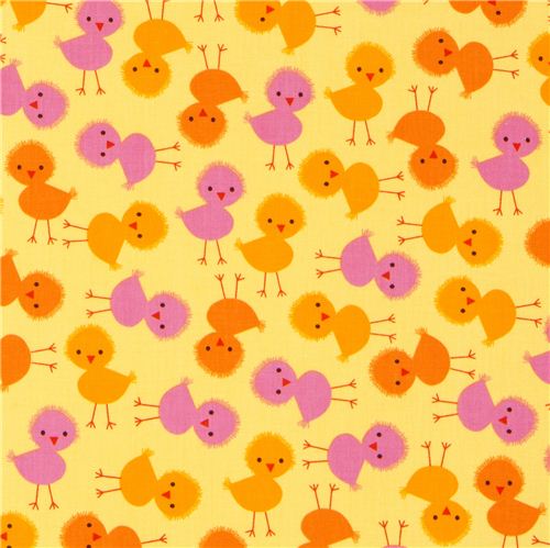 yellow fabric with pink and orange chicks by Robert Kaufman 2