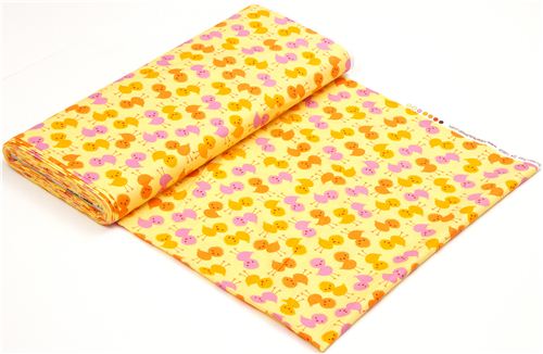 yellow fabric with pink and orange chicks by Robert Kaufman 3