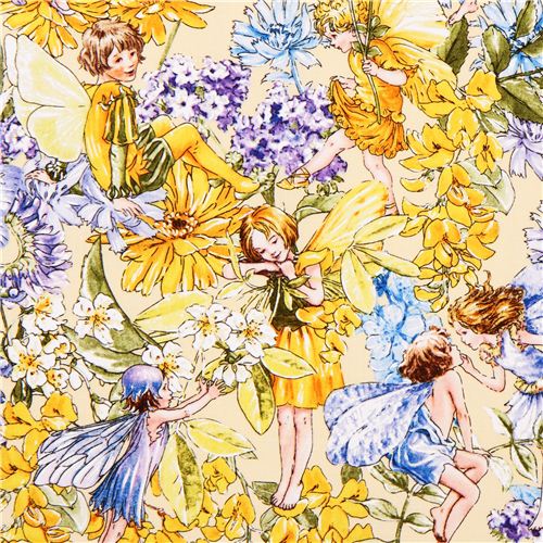 Tissu Michael Miller Day Fairies contes de fes jaune, avec des fes Tissu