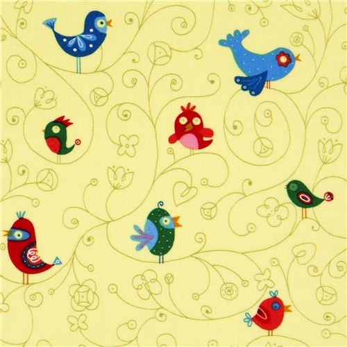 yellow-green birds with swirls designer fabric from the USA 1