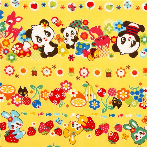 yellow kawaii animal fabric strawberry by Cosmo from Japan Fabric